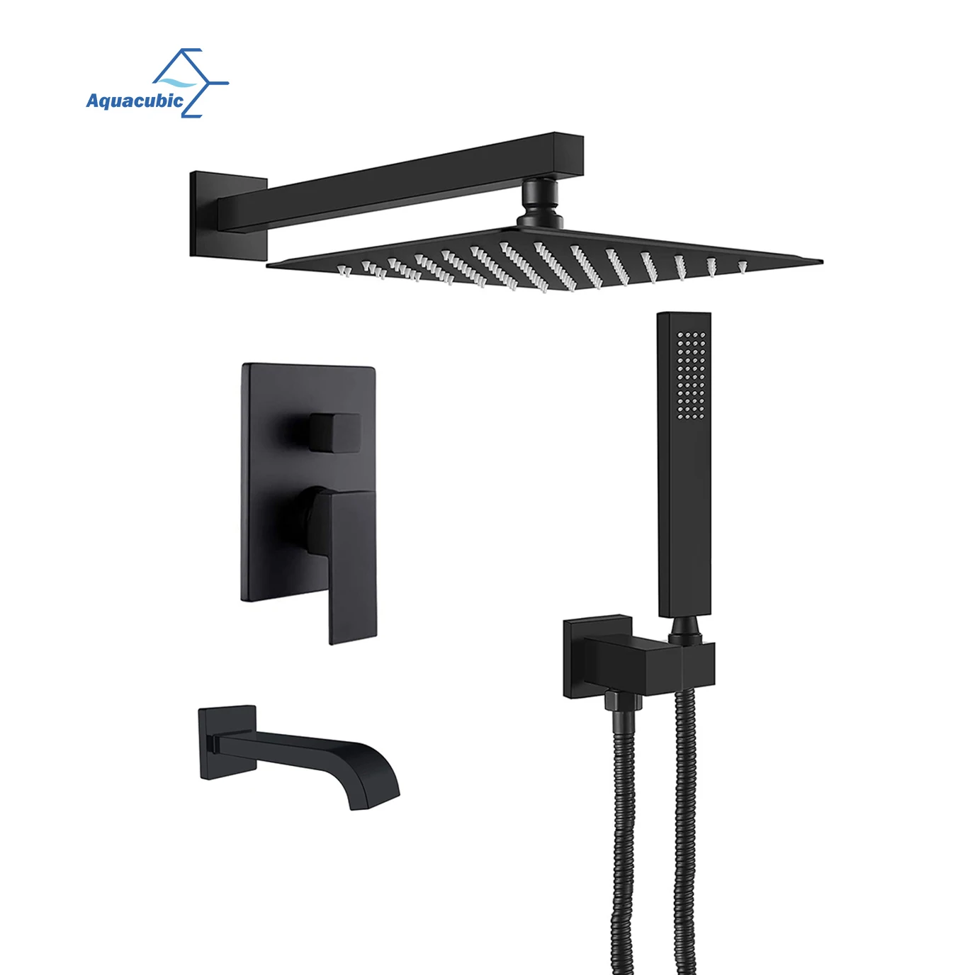 Aquacubic Shower Set Black in wall Bathroom brass kits rain rainfall shower mixer faucet set