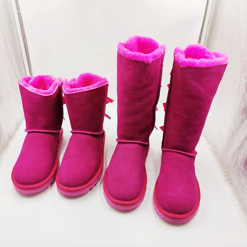Wholesale Fashion Kids Women Sheepskin Wool integrated Ladies Winter Ribbon Fur Boots Shoes With Bows Snow Boots