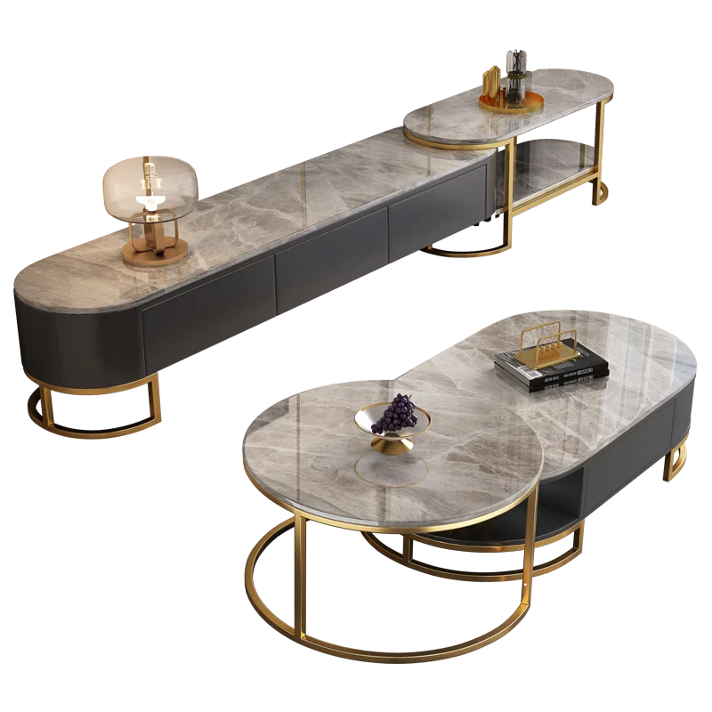 HANYEE Luxury Marble Top Coffee table Tv Stand Stainless steel Base With Storage console table Sets Grey tv Cabinet