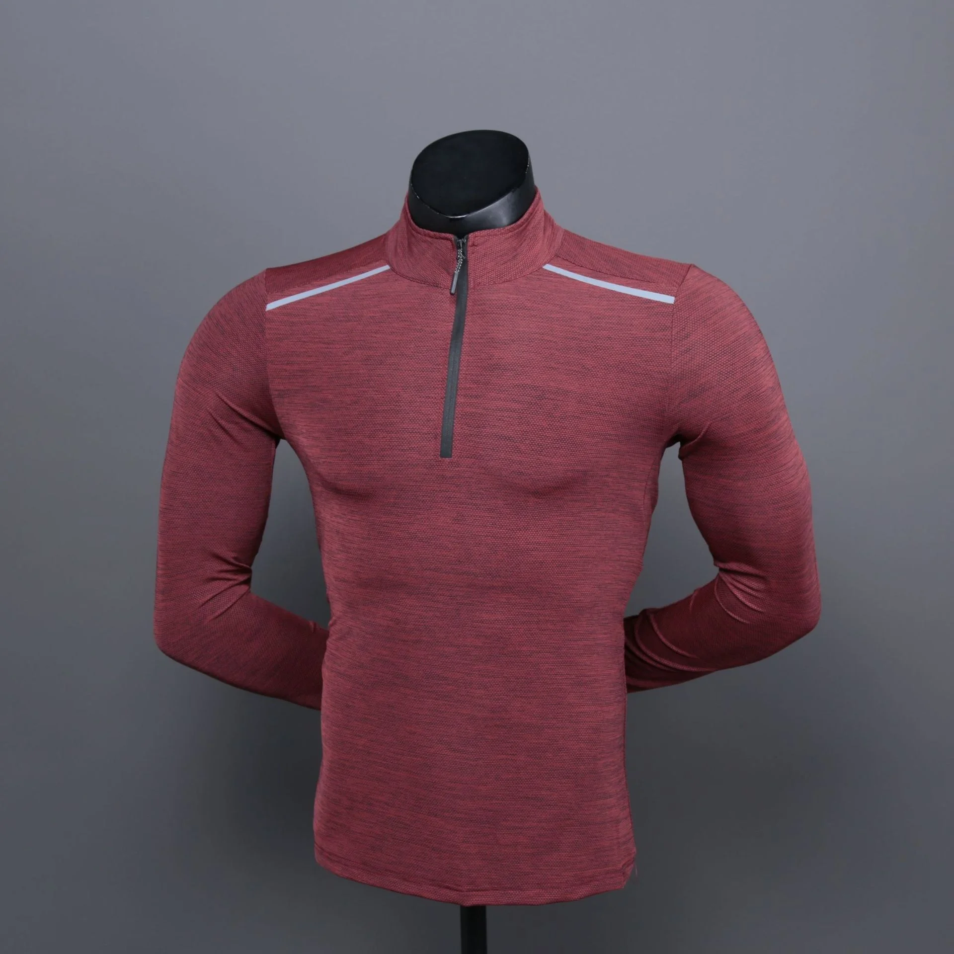 Quick dry plain long sleeve sports 1/4 zip up basic color muscle fitted gym training mens shirts