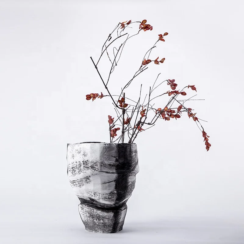 Chinese Style Collection White and Black Ink Rhyme Flower Vase Hotel Lobby Console Table Desktop Interior Decorative Accessories