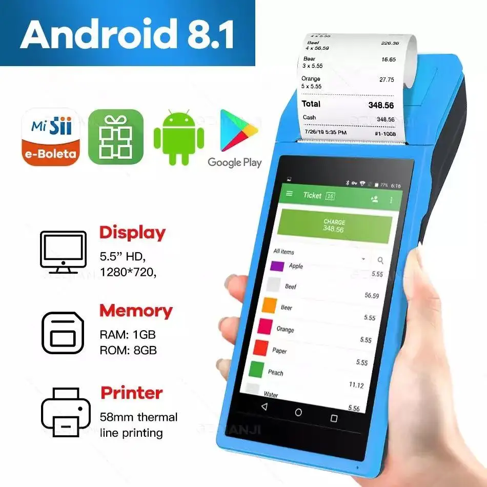  4G Android чековый принтер бесплатное приложение 5 дюймовый Pos и сканирование QR-кода Мобильный с