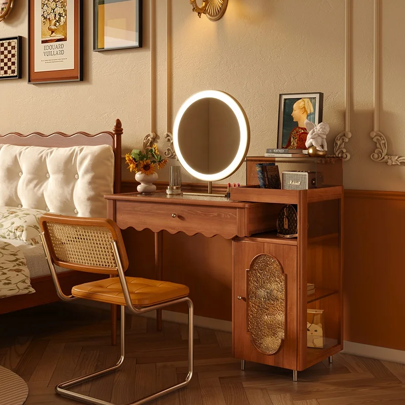 Vintage Telescopic Vanity Table Glass Top Smart LED Mirror Bedroom Dresser Solid Wood Makeup Dressing Table