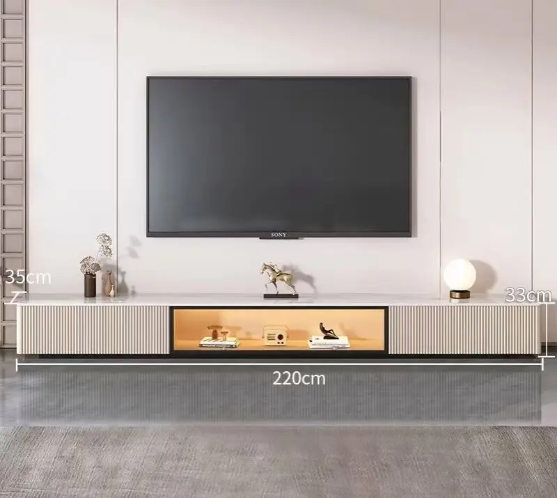 Customized Modern Living Room Luxury Solid Wood Rock Plate TV Cabinet With Lighting And Drawers