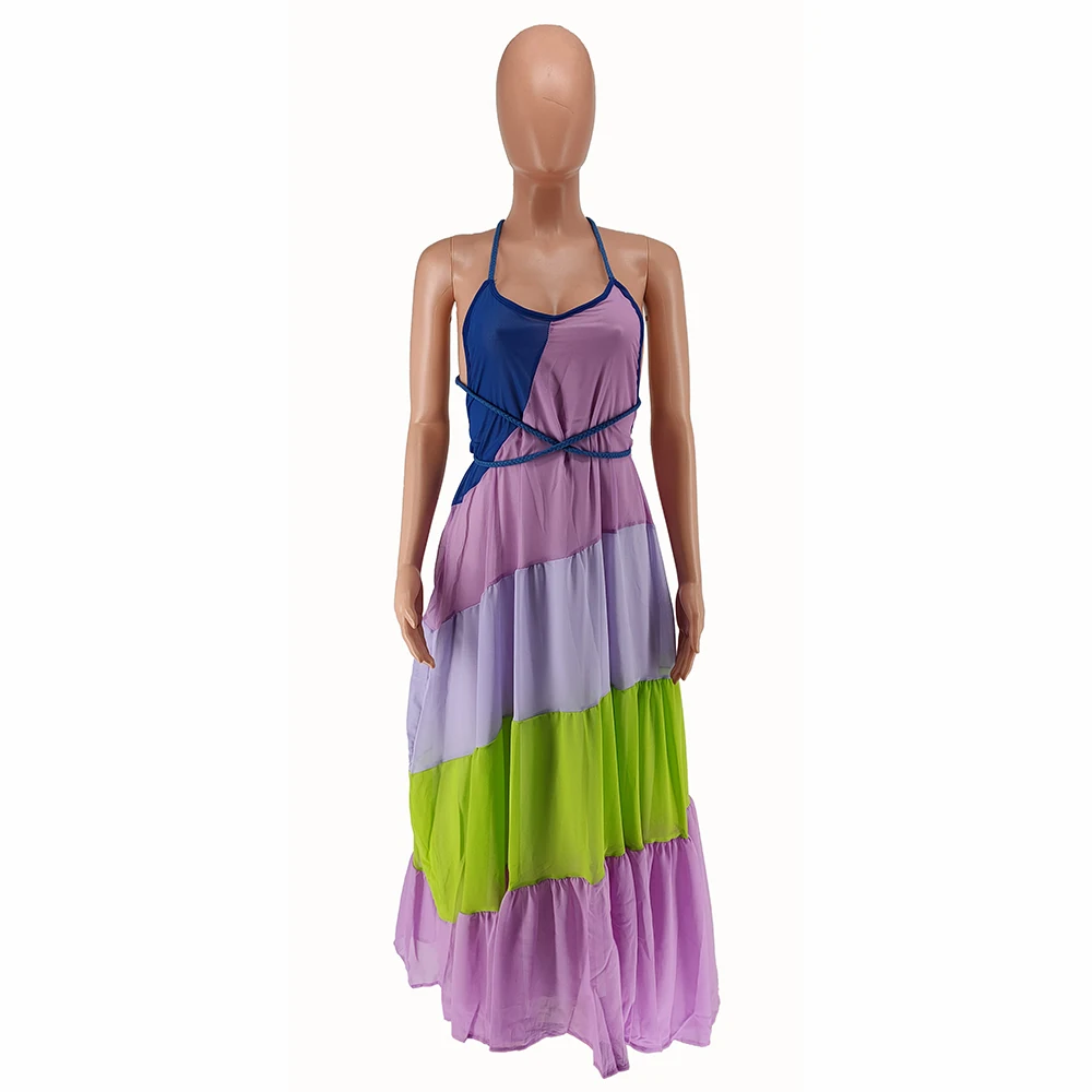 Wholesale Pleated Chiffon Dresses Elegant Lace Up Halter Maxi Dress Women Ladies Printed Sleeveless Casual Long Chiffon Dress