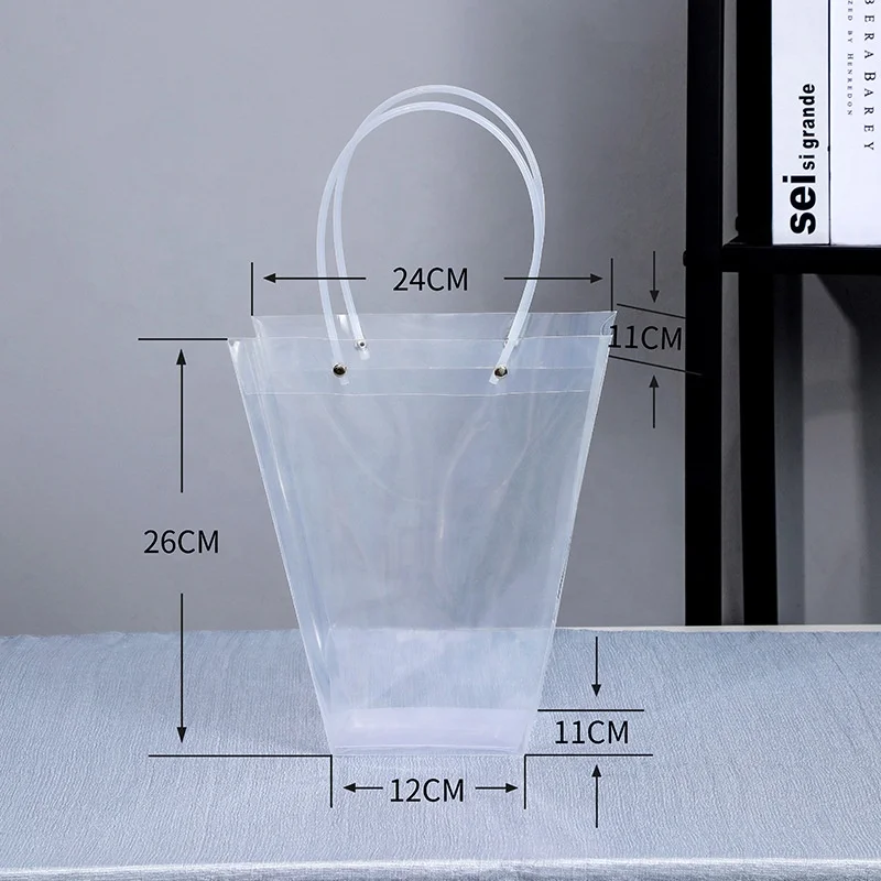 customized logo Transparent trapezoid PP bag Plastic clear flower packing Bag with long handle