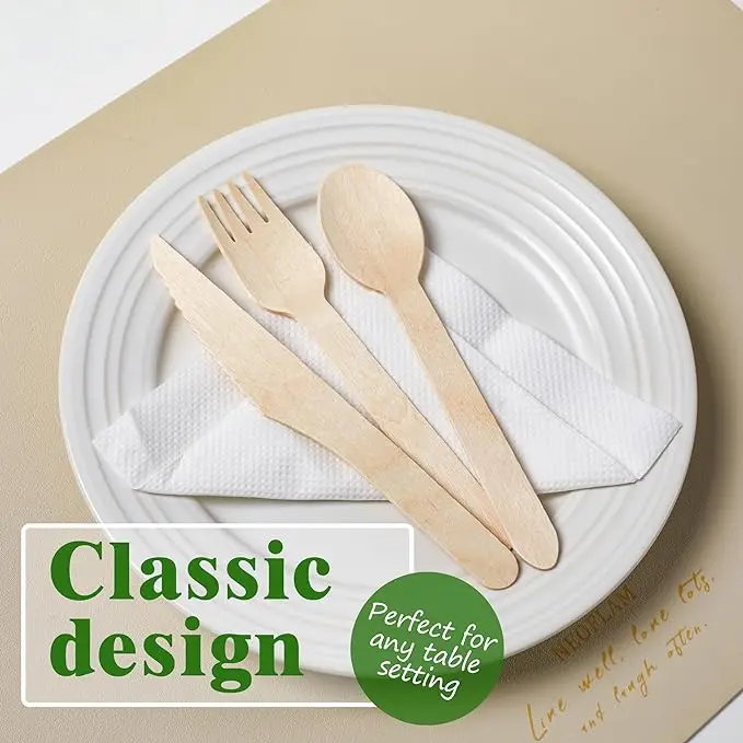 Environmentally Friendly Disposable Wooden Cutlery Set Biodegradable Birch Wooden Knife Fork and Spoon for Cross-Border Use