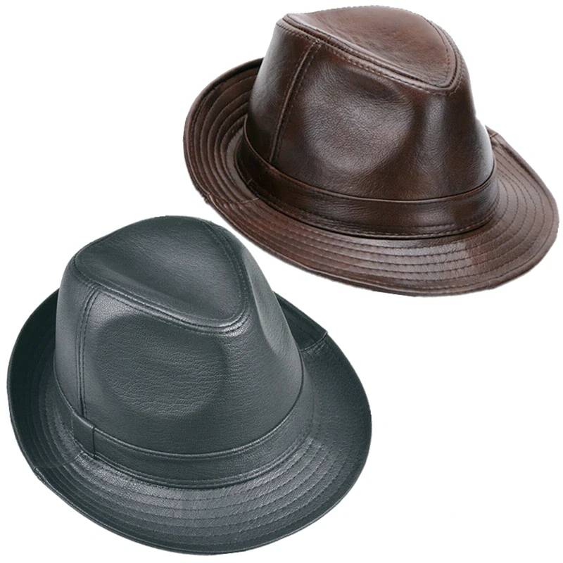 
Men New Style Real 100% Real Cowhide leather Black Brown Fedoras Hats Bowler Derby Caps Top Hat Gentleman Hat 