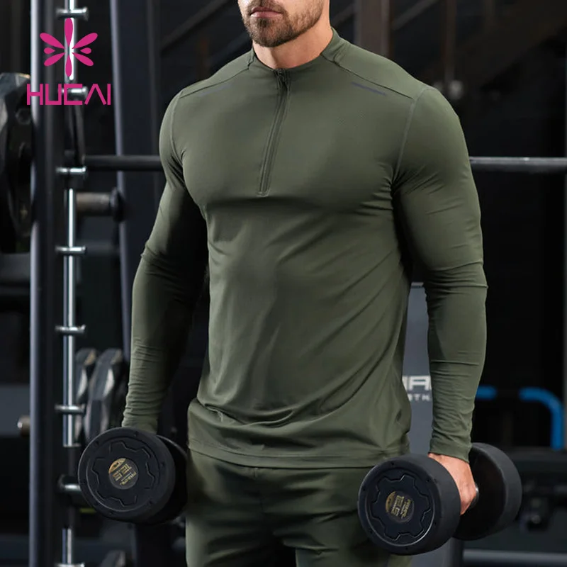 HUCAI Custom logo training top quick dry slim fit 1/4 quarter zip sports running compression gym  long sleeves t shirt for men