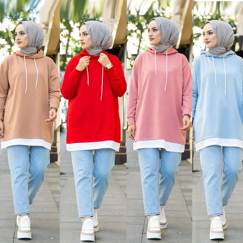 Модная мусульманская одежда Турецкая туника с длинным рукавом спортивная капюшоном женская толстовка