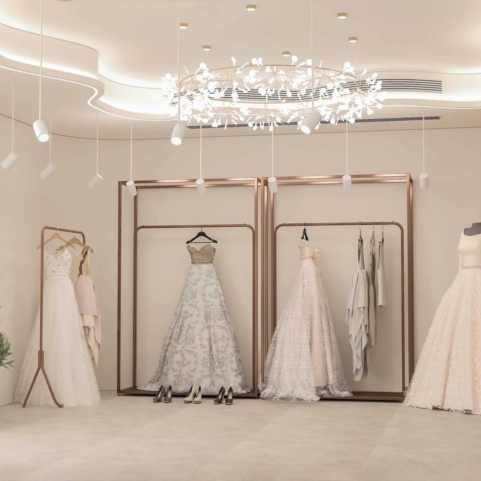 Boutique Bridal Shop Interior Shiny Romantic Design Luxury Wedding Dress Ceremonial Dress Display Stand Bridal Dress Hanger