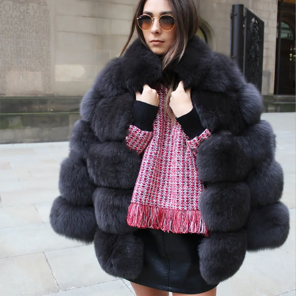 Модное женское замшевое пальто, роскошное пальто из натурального Лисьего меха черного и розового цвета для зимы