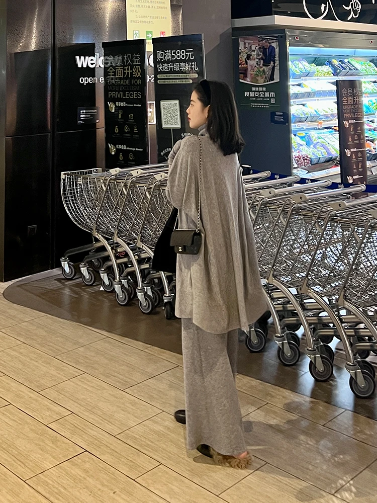 Relaxed and plaid Two Piece Sweater New Lazy Knitted Sweater High Waist Casual Wide Leg Pants Suit