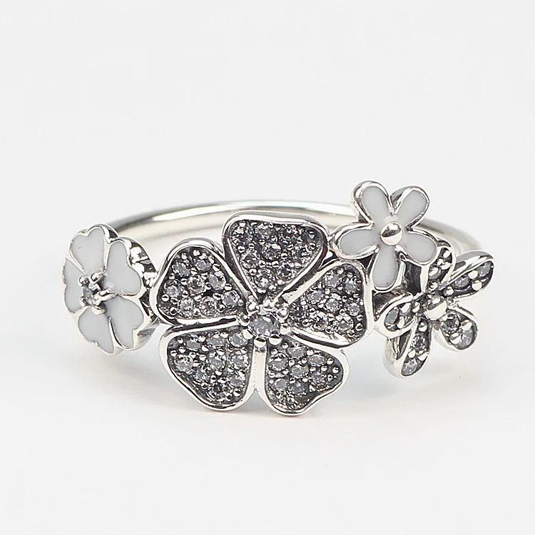 
Wholesale and retail sterling silver S925 flower inlay zirconium diamond oxide black bouquet enamel ring small Daisy wedding 