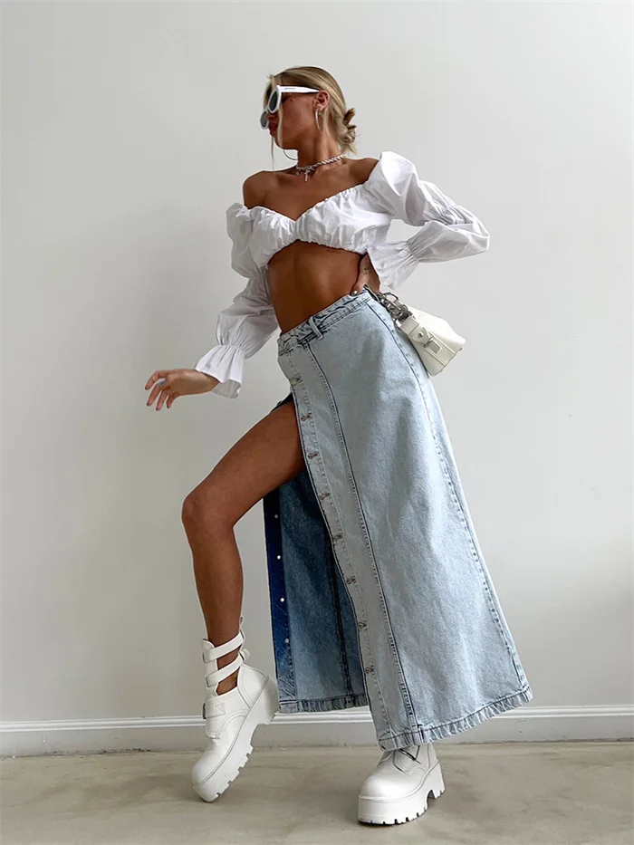 Wholesale Fashion Button  Denim Skirt Retro Long Summer Denim Skirts Girls High Waist Split Jeans Straight Maxi Denim Skirts