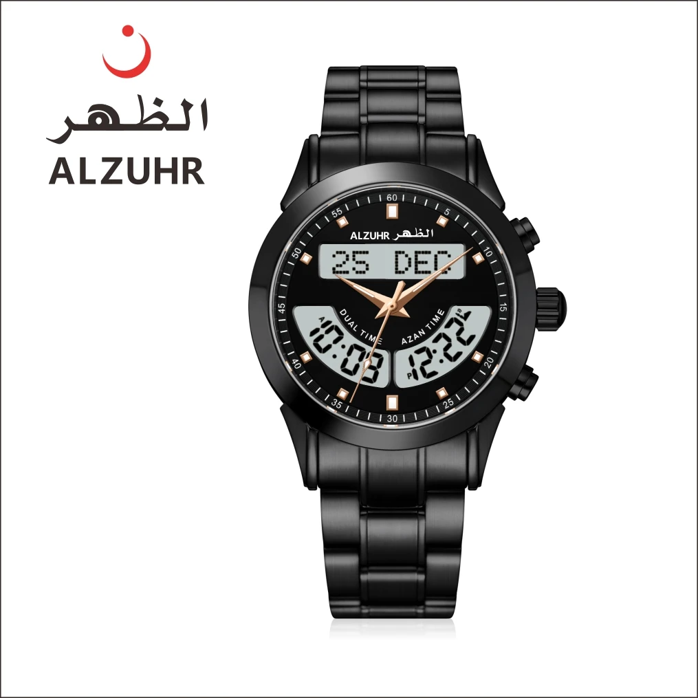 Golden stainless steel azan al fajr qibla direction digital clock muslim Men Jam Tangan Watches ALZUHR602