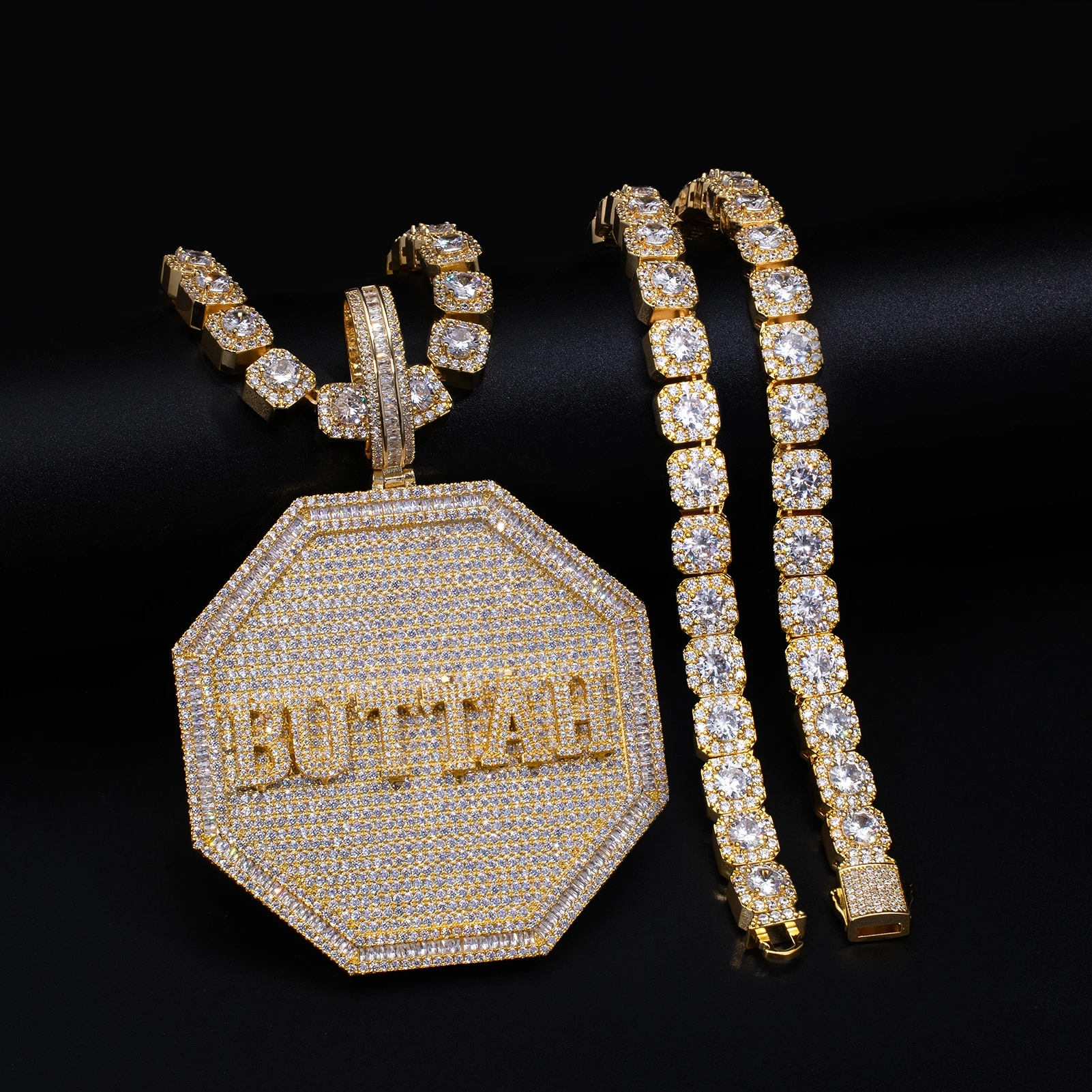 Big Size Octagon Full Iced Octagon Name Plate Custom Necklace  Brass 18K Gold Plated Custom Name Necklaces Hip Hop Jewelry