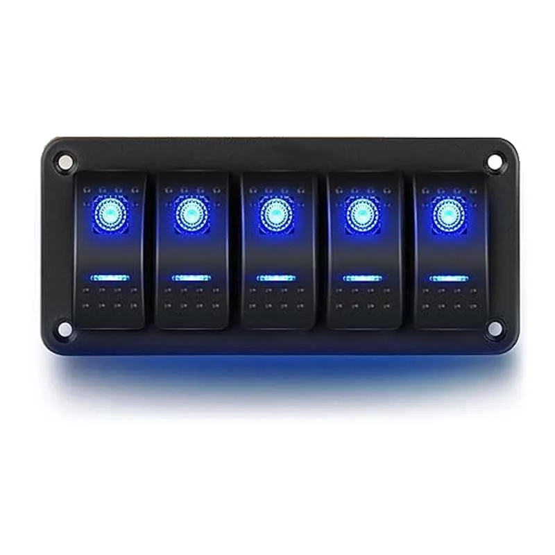 5 Gang Rocker Switch Panel Blue Backlit 12V 24V Pre-Wired Rocker Switch for Automotive Car Marine Boat RV