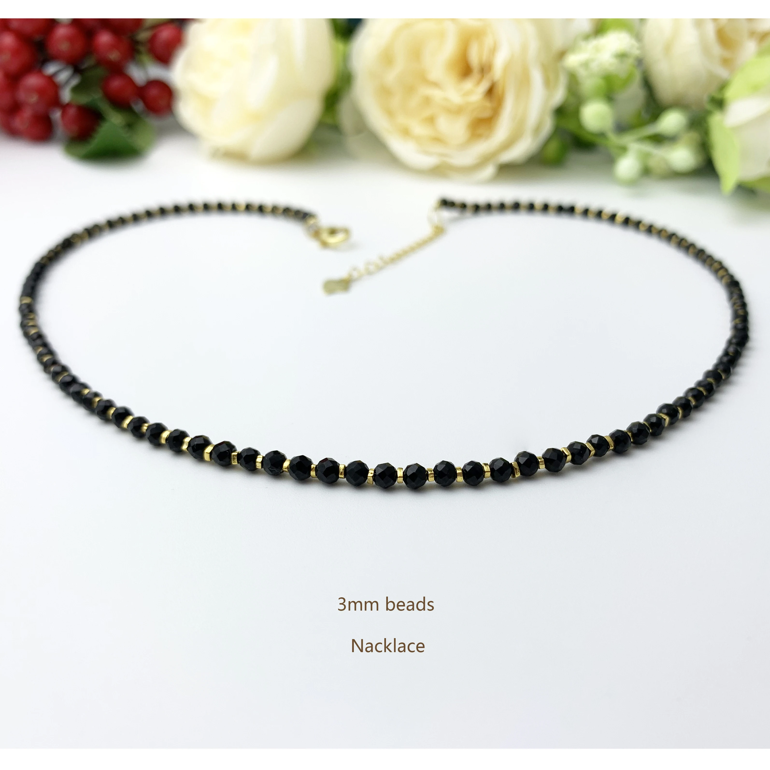 Gemstone jewelry black spinel faceted beads gold plated 925 sterling silver crystal beaded necklace