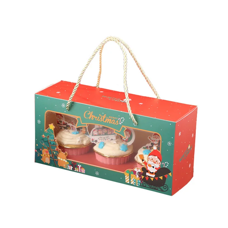 Hot sale 3 hole red green  cupcake box with handle   Christmas Eve Apple Gift Box Christmas Day