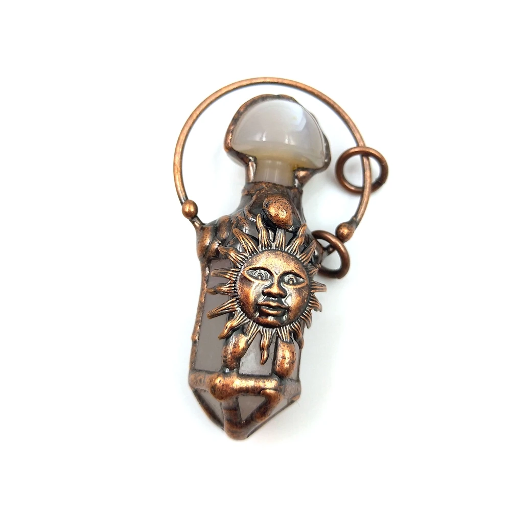 Wholesale Natural Crystal Bullet Point Shape  Pendant Pink Rose Quartz Connector Bronze Sun Charms DIY Winter Season Necklace