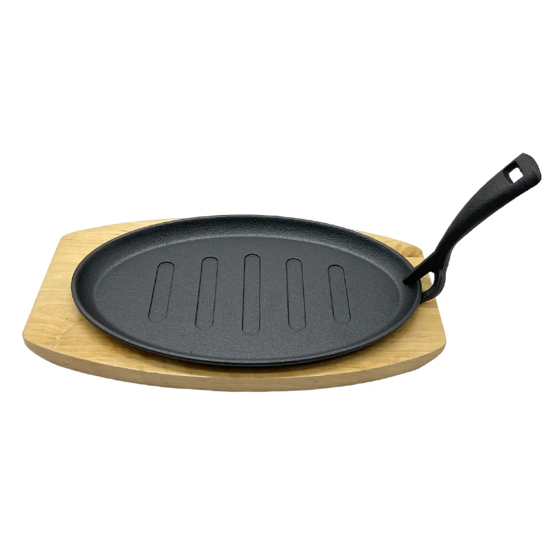 Cast Iron Vegetable Oil Oval Shape Fajita Pan Steak Plate With Removable Handle And Wooden Board