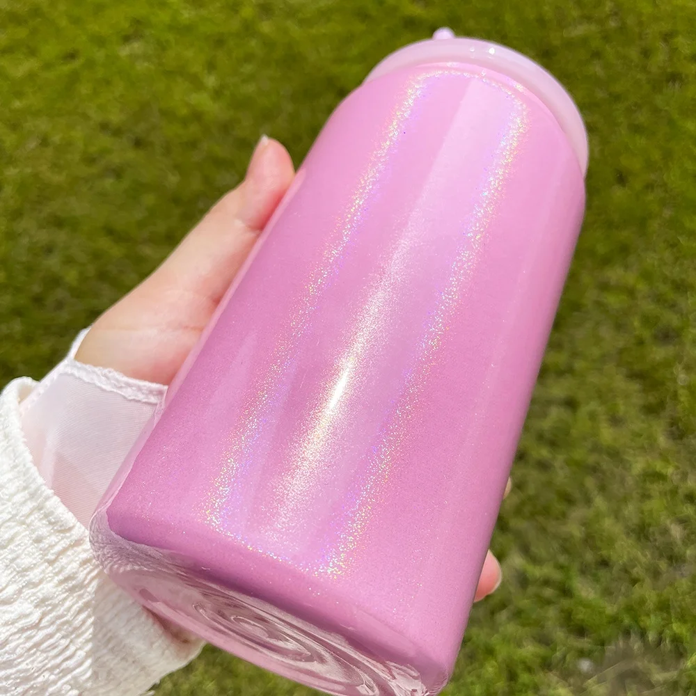 metal double walled vacuum insulated shimmer sublimation 16oz stainless steel can tumbler for travel