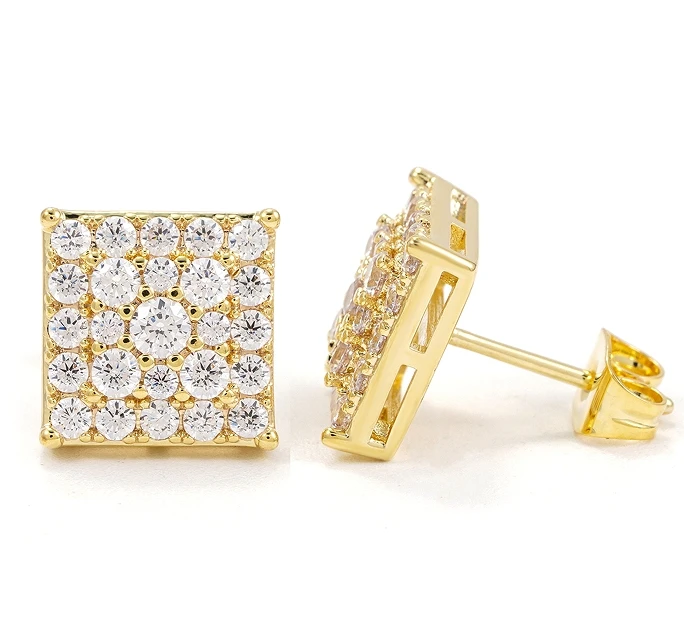 New Stocks Pass Diamond Tester GRA Certified VVS Diamond 925 Sterling Silver Gold Plated Square Men Moissanite Stud Earrings