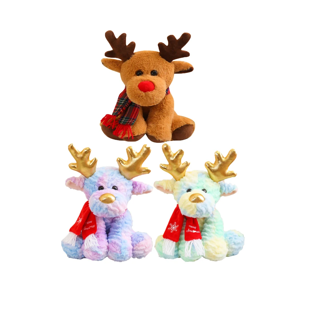 Christmas Gifts Reindeer Plush Toy Dying Fabric Stuffed Wild Animal Deer Dolls Wearing Red Scarf Personalized Brand Logo OEM ODM