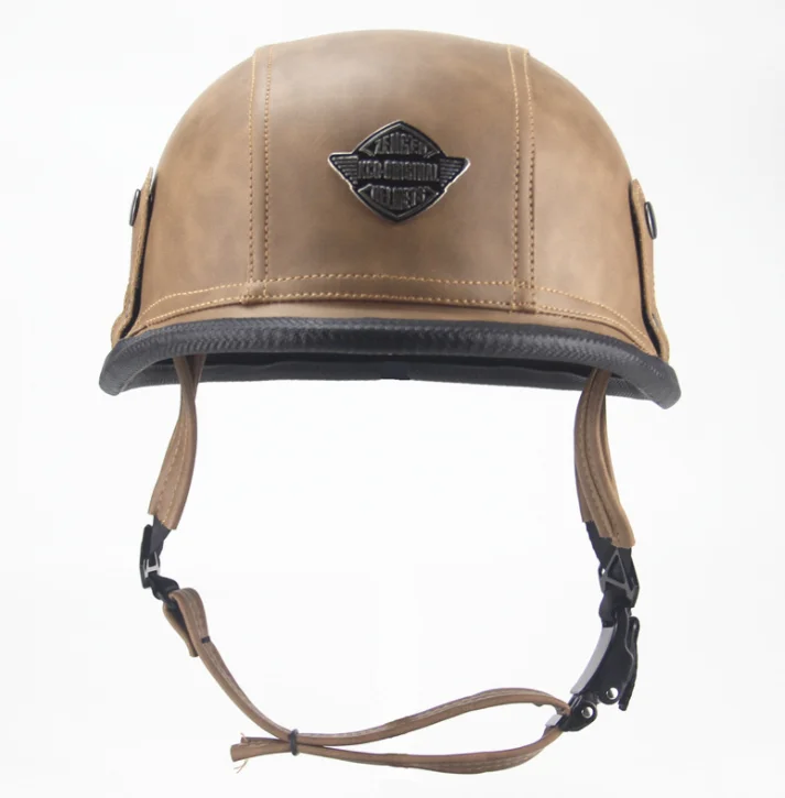 Classical Four season open face cruiser circle brown ABS leather  retro motorcycle helmet with weave belt