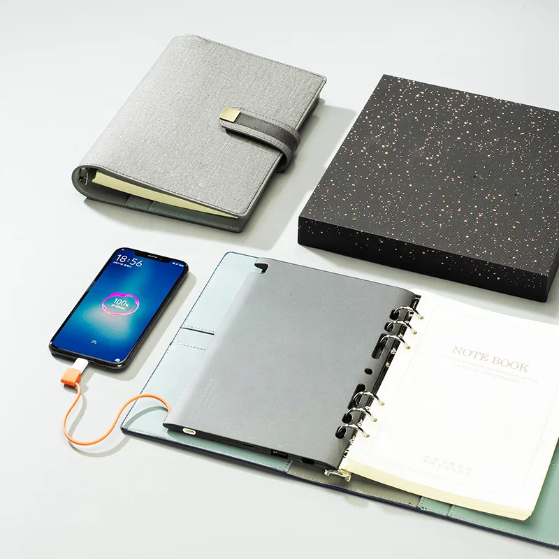 
Gifts built-in pen set planner a5 6 ring smart adapter usb memory charging pu leather designs diary power bank notebook binder 