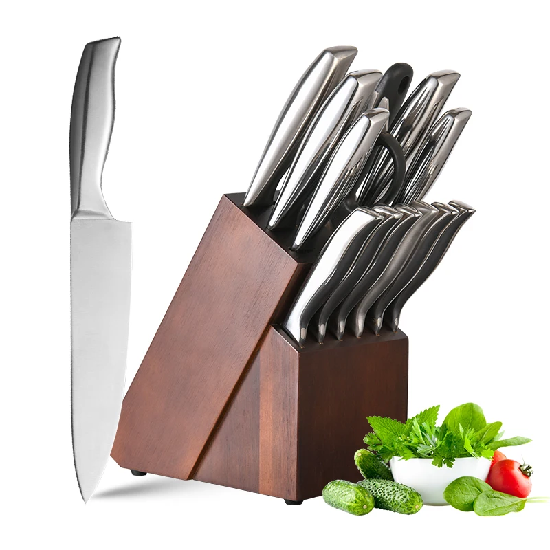 30Cr13 High Carbon Stainless Steel 14 Pieces Kitchen Knife Set With Wooden Block Hollow Handle Chef Knife With Knife Sharpener