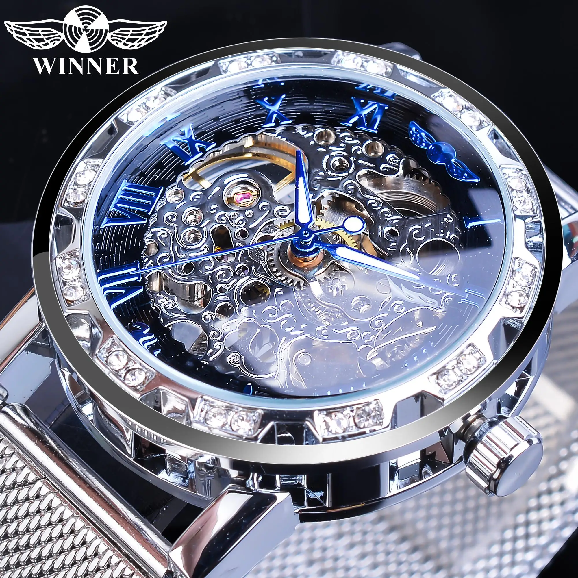 Top Brand Winner Golden Mesh Band Stainless Steel Watch Golden Gear Movement Mens Transparent Case Mens Skeleton Wrist Watches