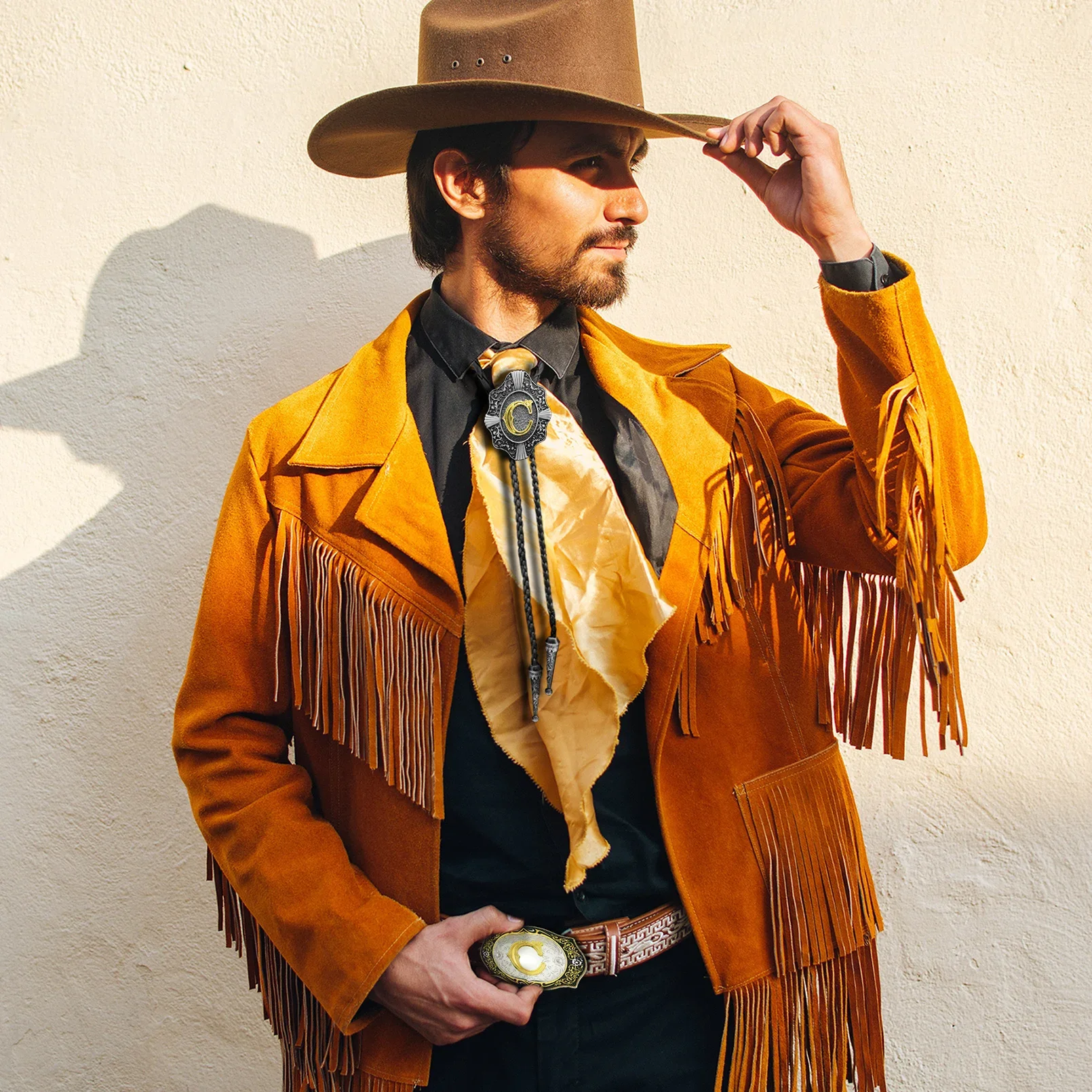 Western Cowboy Leather Bolo Tie with Golden Initial ABCJ Z Gold Necklace and Necktie Accessories for Women and Men