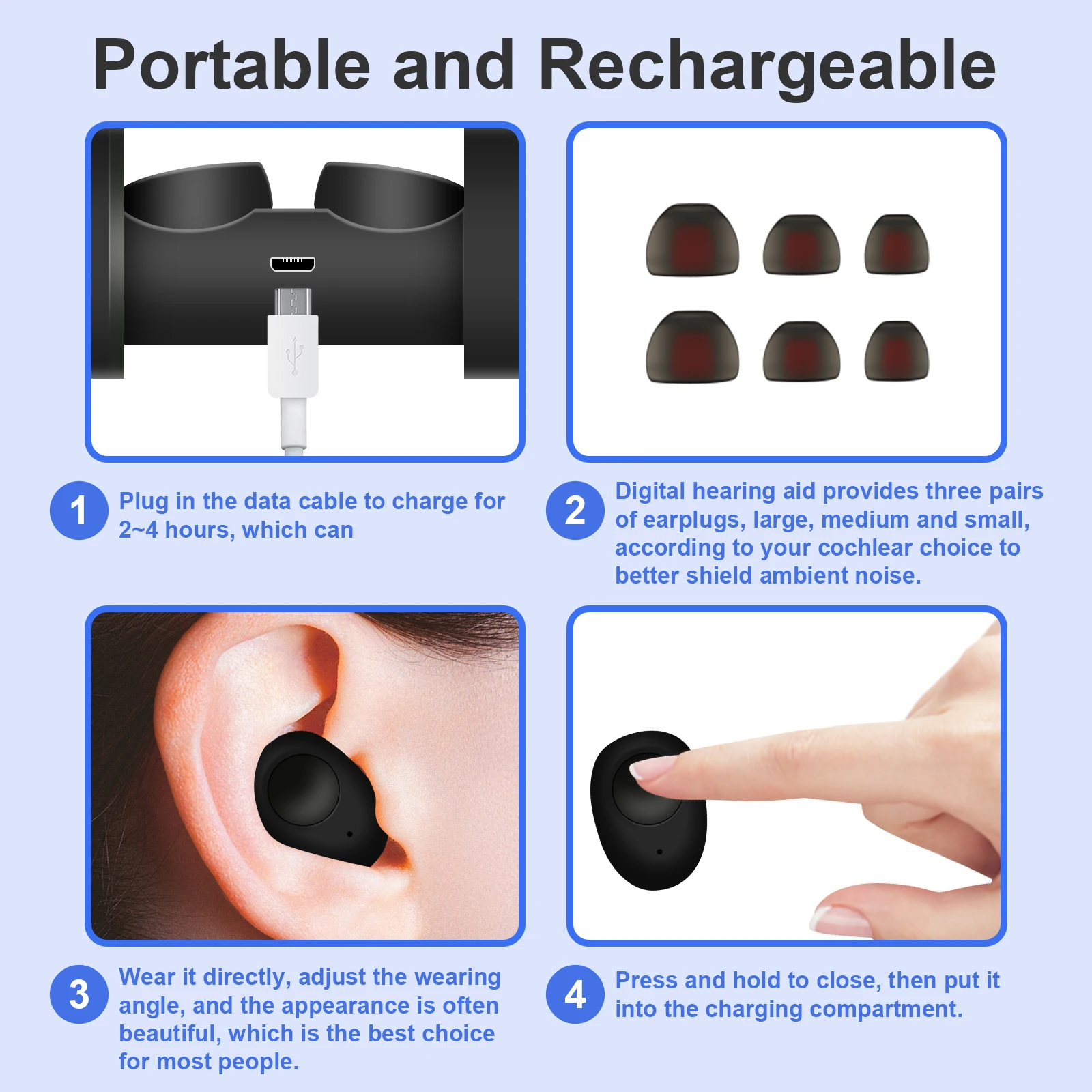 Rechargeable digital hearing aids with stable and clear sound quality Elderly Adults One-touch switch on and off