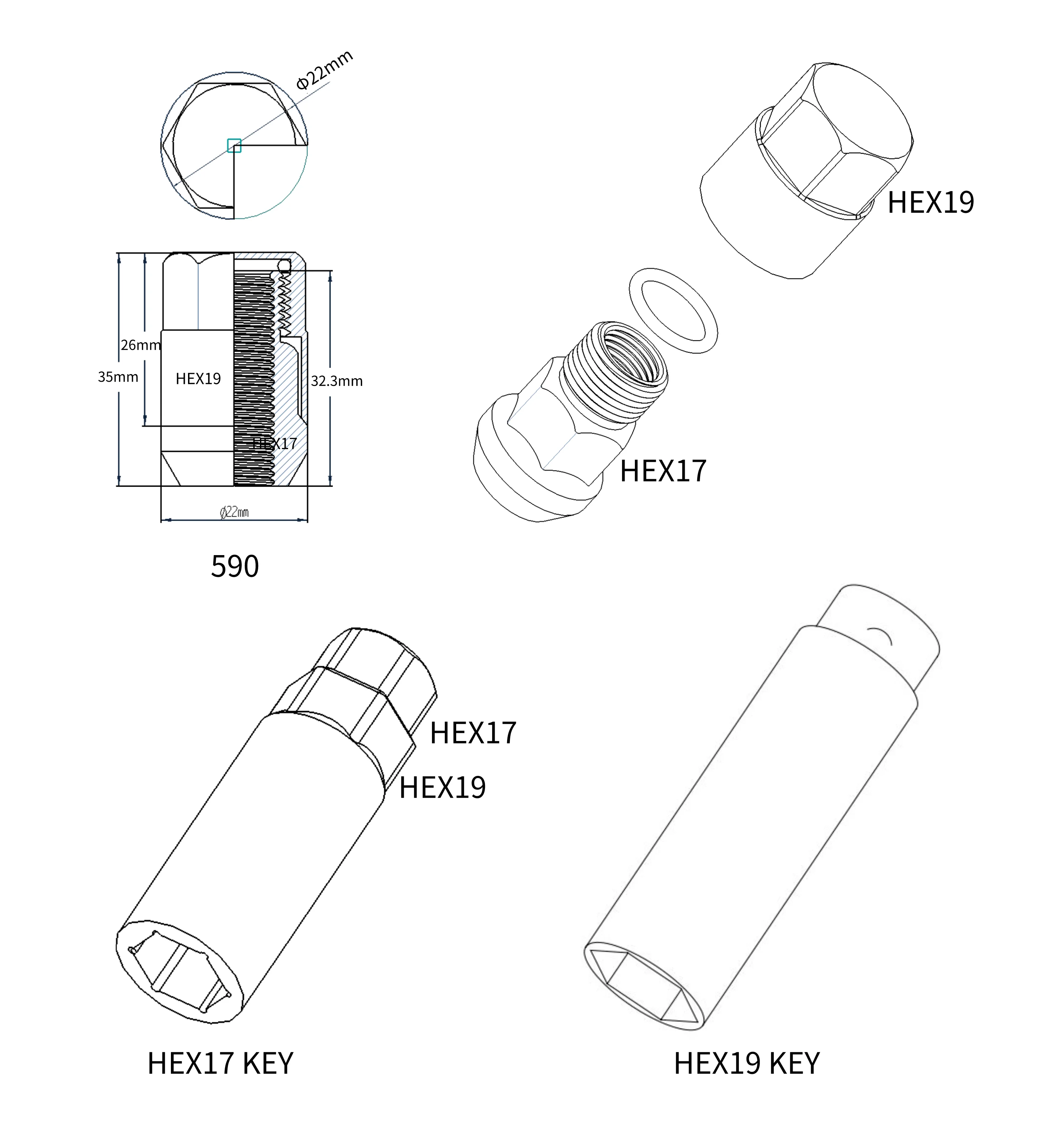 YJY GZ590 HEX19  35 MM M12X1.5  Two-in-one hub nut  Tires Colorful Racing Car Wheel  Nuts