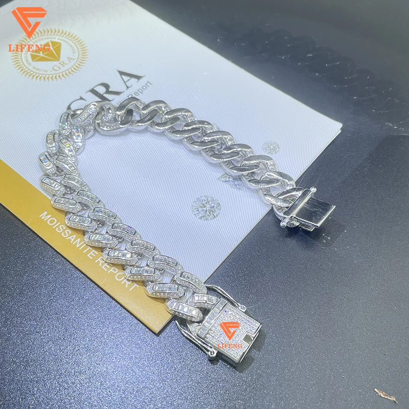 Lifeng Jewelry 14mm VVS Moissanite Baguette Cuban Link bracelet Ice out Hiphop S925 Sterling Diamond Bracelet