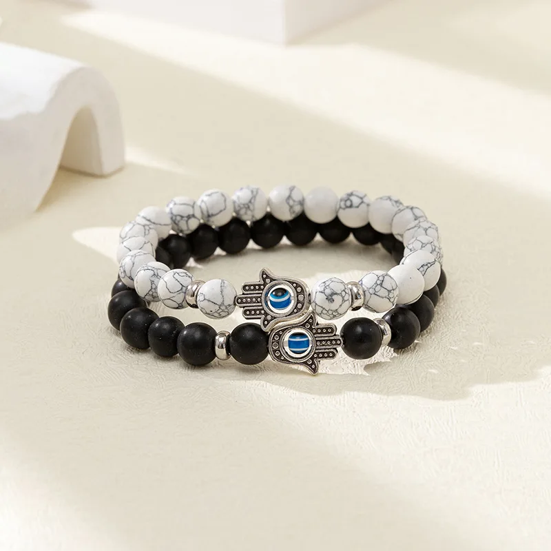 Amulet Nazar Evil Blue Eye Palm Charm Natural Stone Howlite Beaded Couple Bracelets for Women Men
