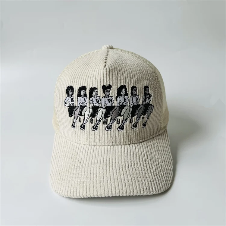 High End Hunting 5 Panels A Frame Sports Baseball Cap Cream Corduroy Mesh Custom Trucker Hat 3d Puff Embroidered