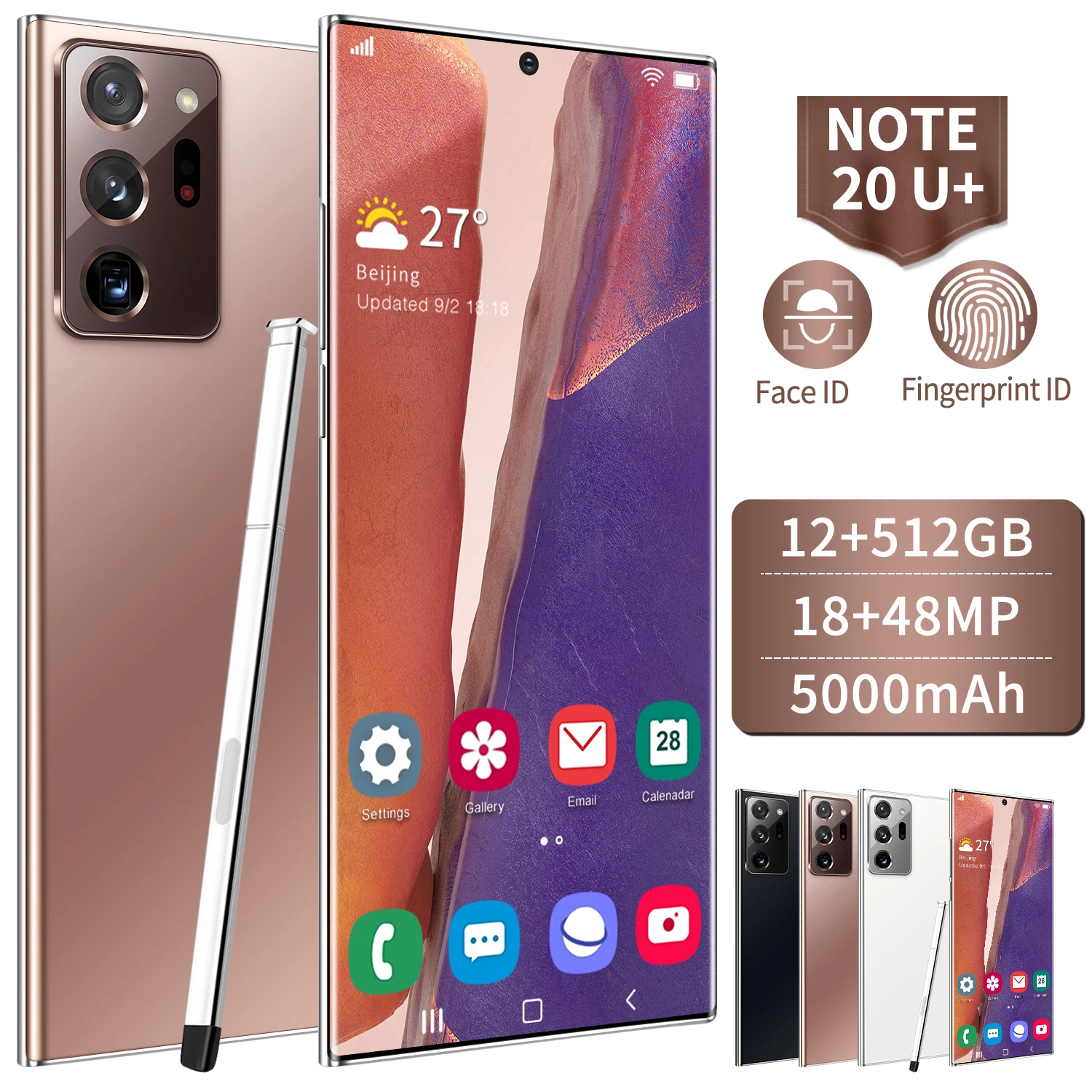 Высокое качество Note20 U + 6 9 дюймов полный экран мобильных телефонов HD 18MP 48MP Dual sim телефон RAM12GB ROM512GB 5000 мА/ч