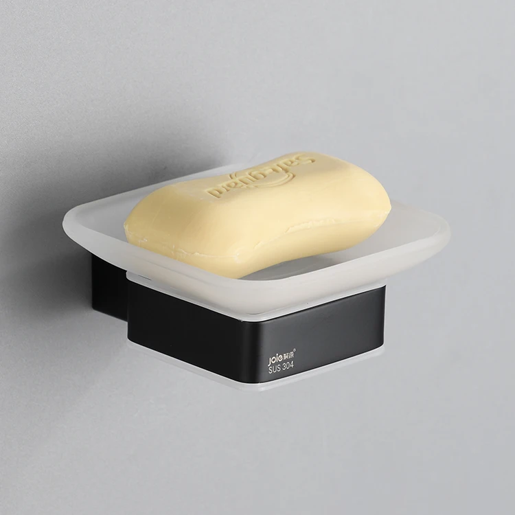 Customized logo nordic modern bathroom accessory glass stainless steel hanging wall mount matt black bathroom soap dish holder