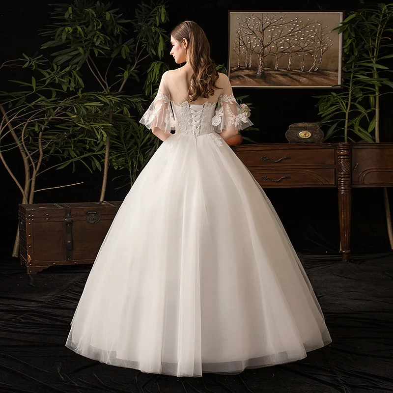 Elegant A-line bell sleeve Floor-length Bridal Gown white Organza Wedding Dress