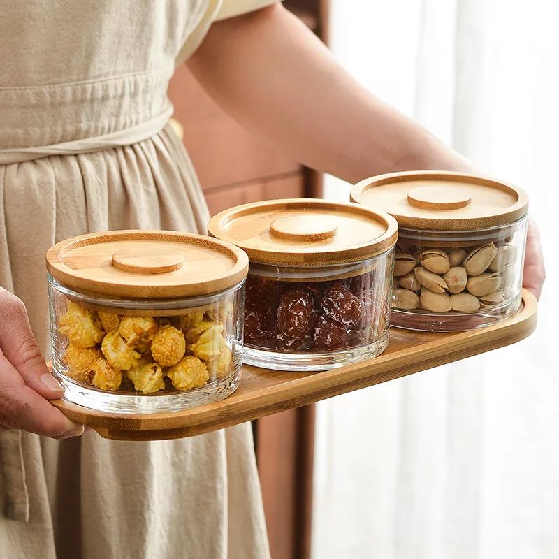 Glass bamboo dried fruit box partition with sealed lid moisture-proof dry fruit tray New wooden candy box