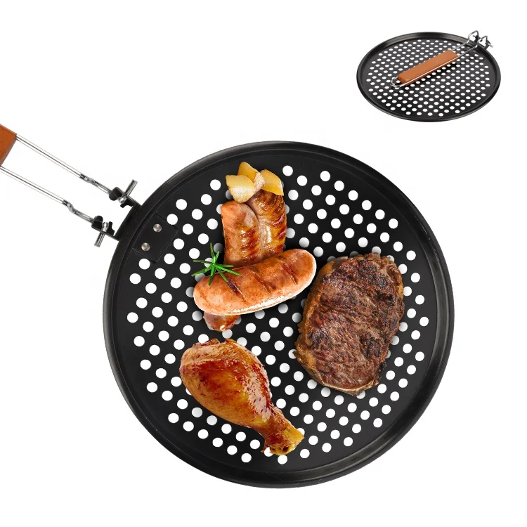 Bbq Vegetable Grill Pan Wok Accessories Non Stick Metal Grill Round Topper Skillet Basket With Folded Wood Handle