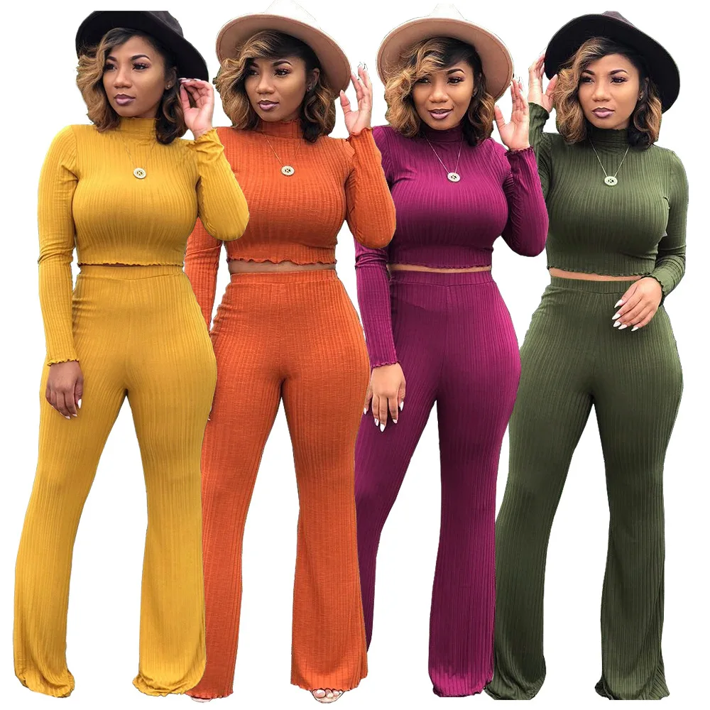 New Arrival Solid color Knit sexy pit strip cloth waist wide leg pant turtleneck Sweat Suit two -piece set clothes women