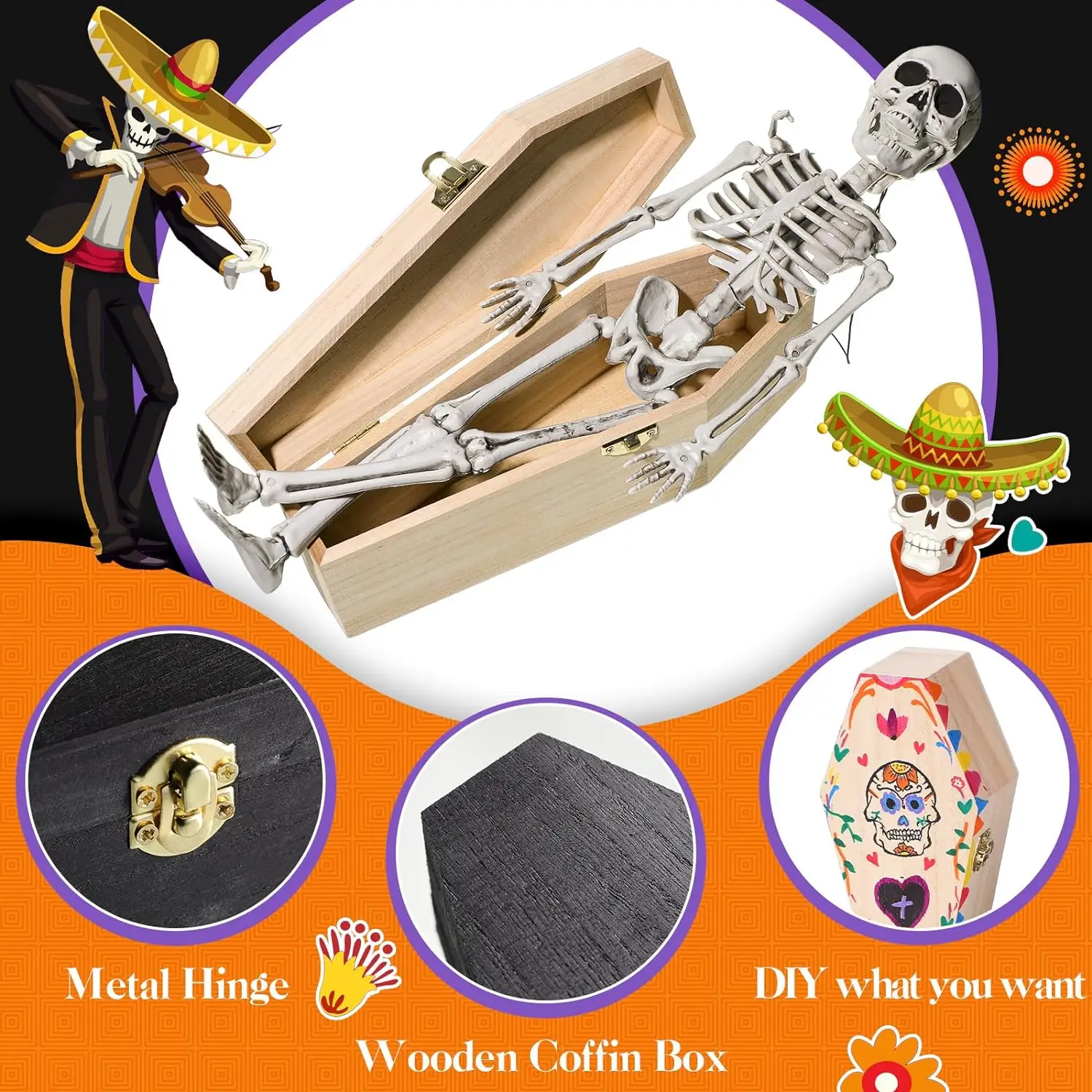 Pack of 4 Unfinished Halloween Wooden Coffin Shape Box with Hinged Lid for Snack Gifts Decorative Jewelry Basket Coffin