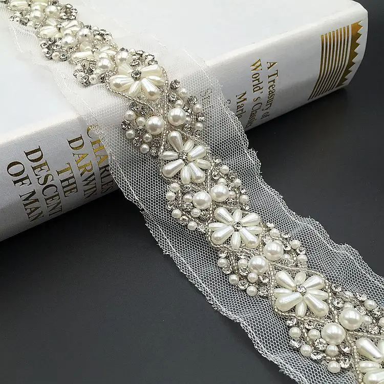 
GUGUTREE Pearl Beaded Lace Edge Trim,beads laces trim Ribbon,Bridal Dress Tassel DIY braid accessory appliques,KZ-2032580 