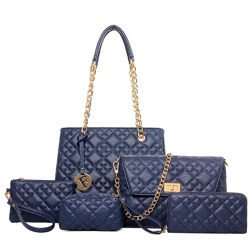 Lady Fashion 5pcs Quilted Chain with Lock hand bag women PU leather handbag sets Hot sales Products