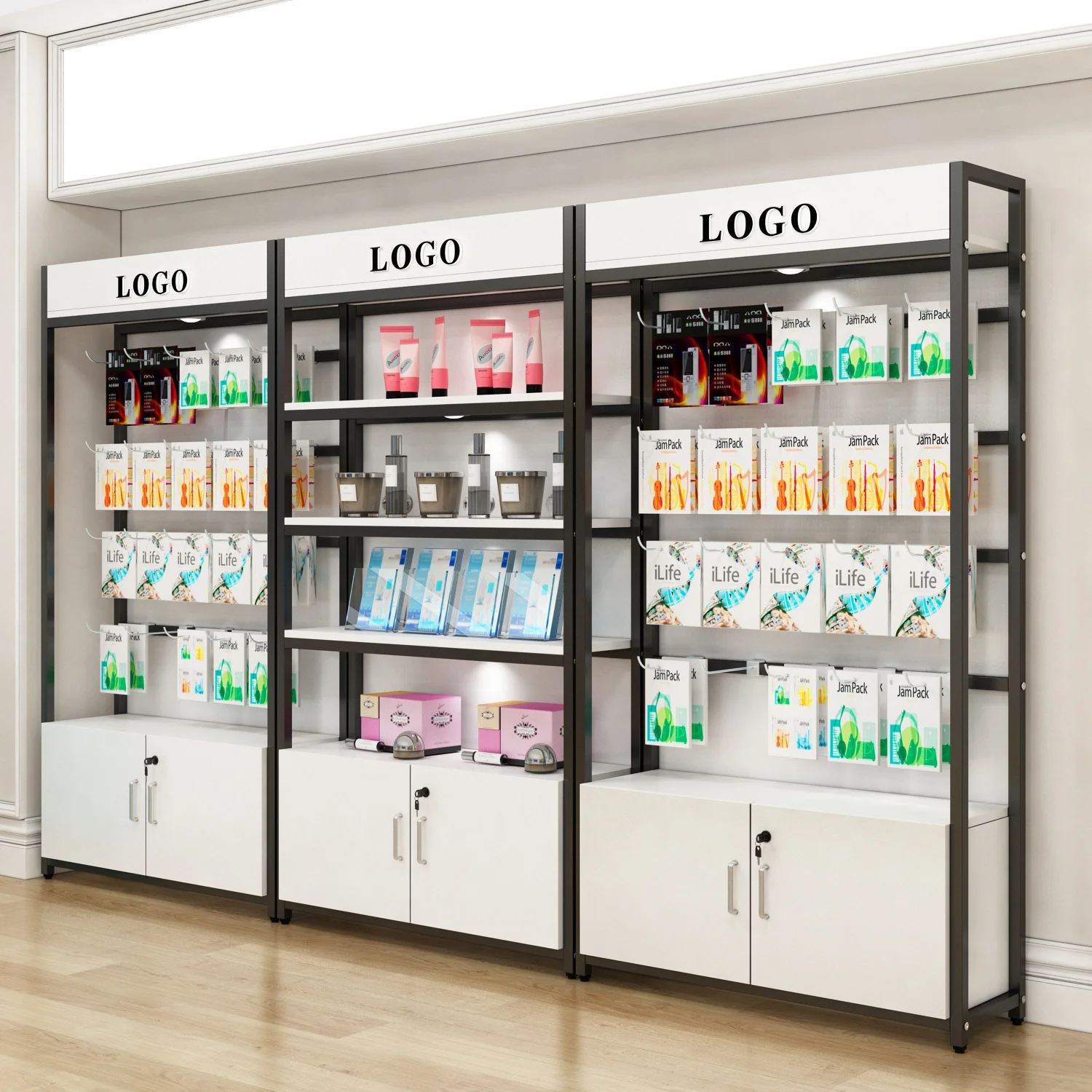 Factory direct hot pop wooden metal shelves miniso can customize supermarket display shelves