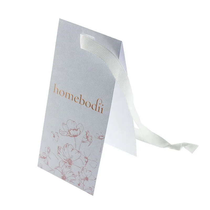 China Custom Logo Rose Golden Foil swing tag Garment Accessory Special textured Paper Hang Tag with grosgrain ribbon rope